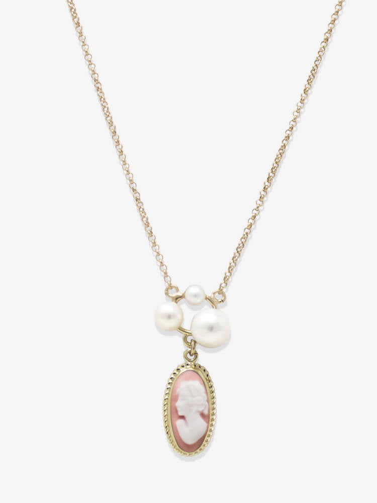 Beauty Pink Agate Cameo store Freshwater Pearls Necklace Gold Vermeil