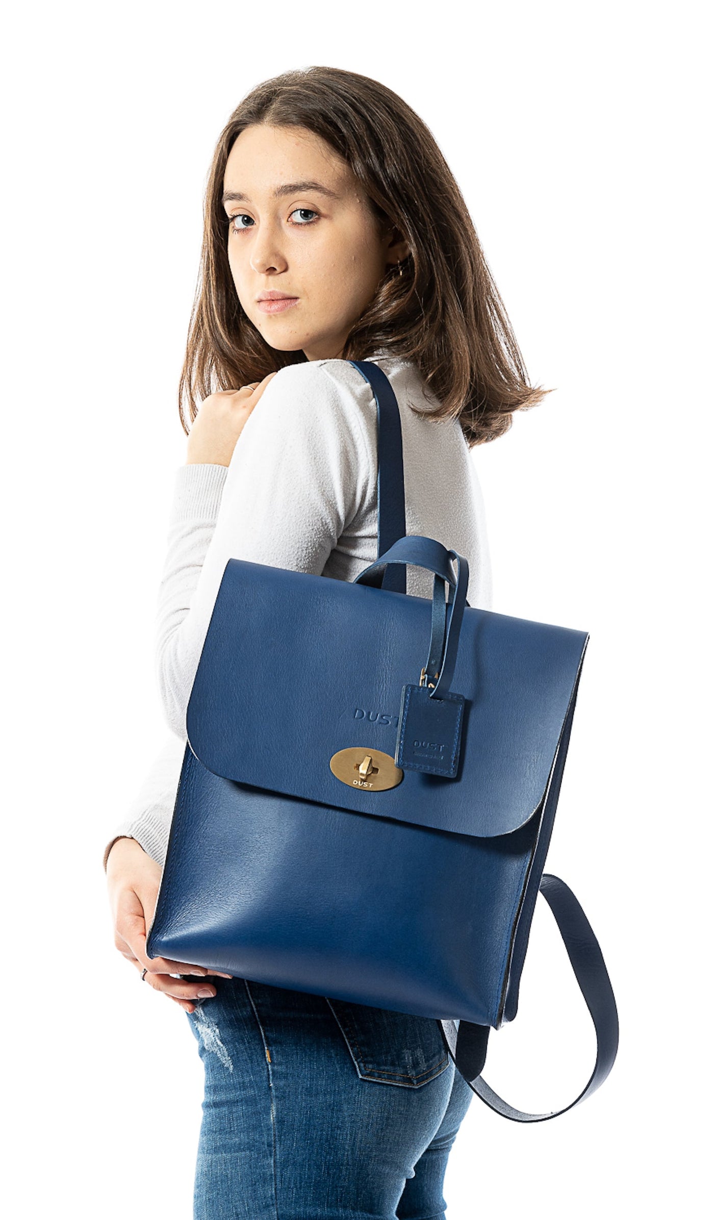 Leather Backpack in Cuoio Blue Artist Collection