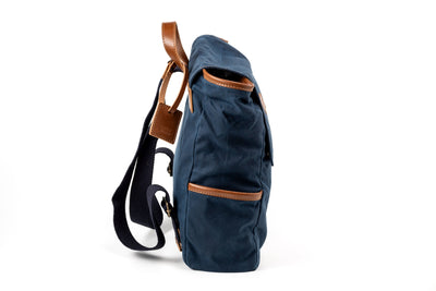 Leather Backpack In Waxed Cotton Made in USA Blue