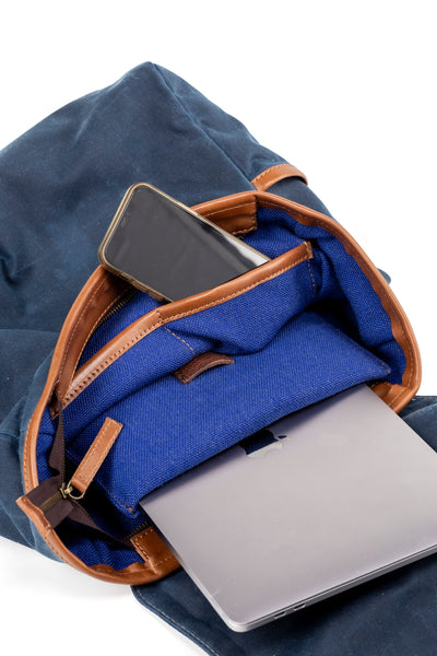 Leather Backpack In Waxed Cotton Made in USA Blue