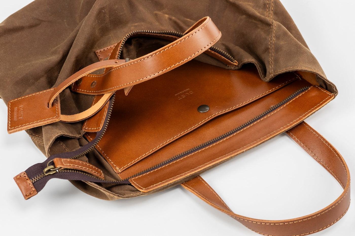 Leather Tote In Waxed Cotton Made in USA Brown