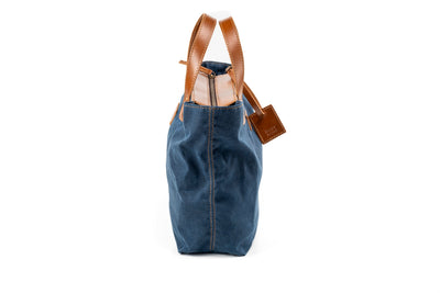 Leather Tote In Waxed Cotton Made in USA Blue