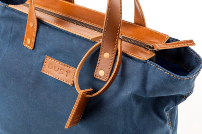 Leather Tote In Waxed Cotton Made in USA Blue