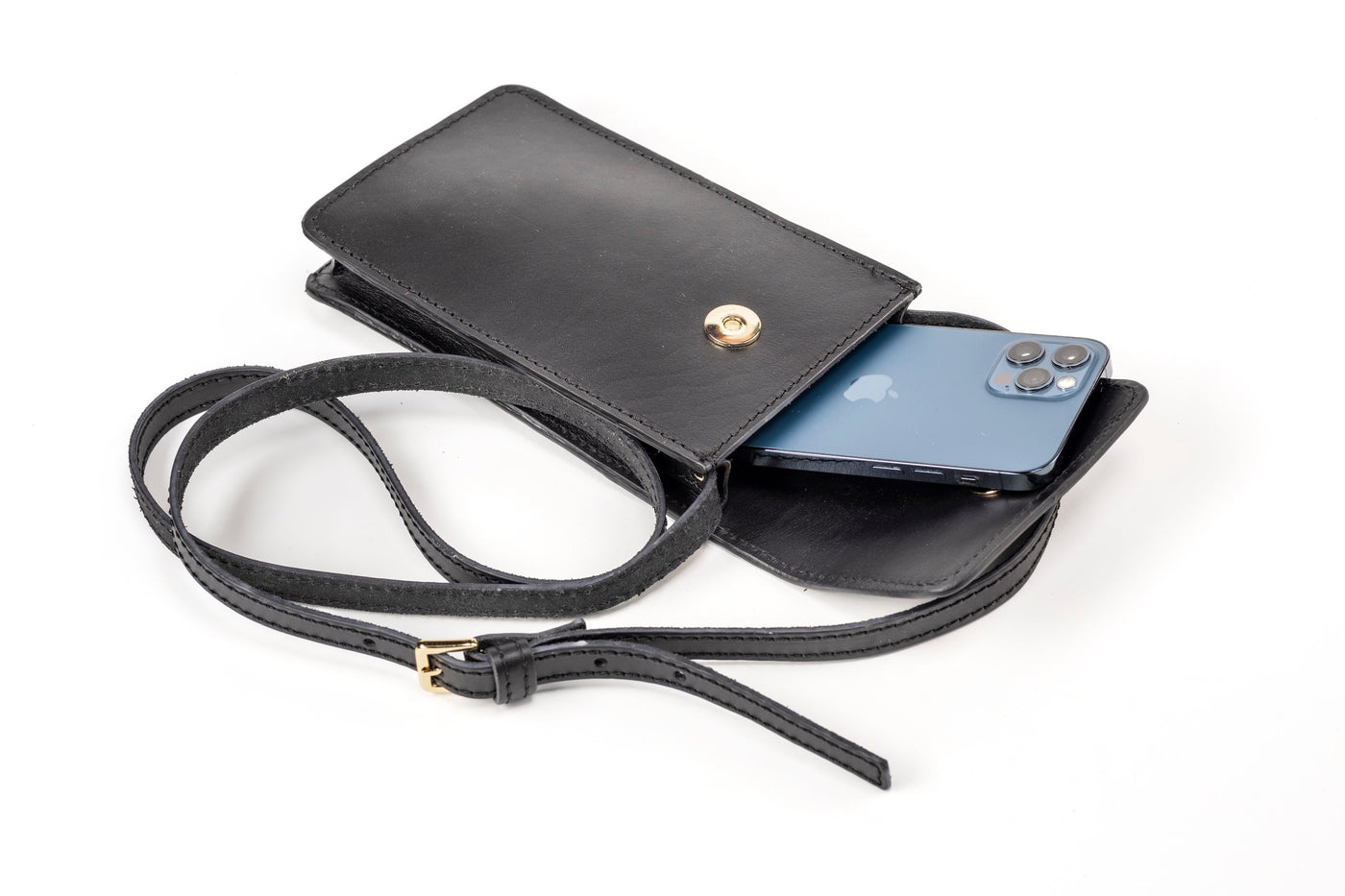 Pochette téléphone noire avec bandoulière - Cuir végétal