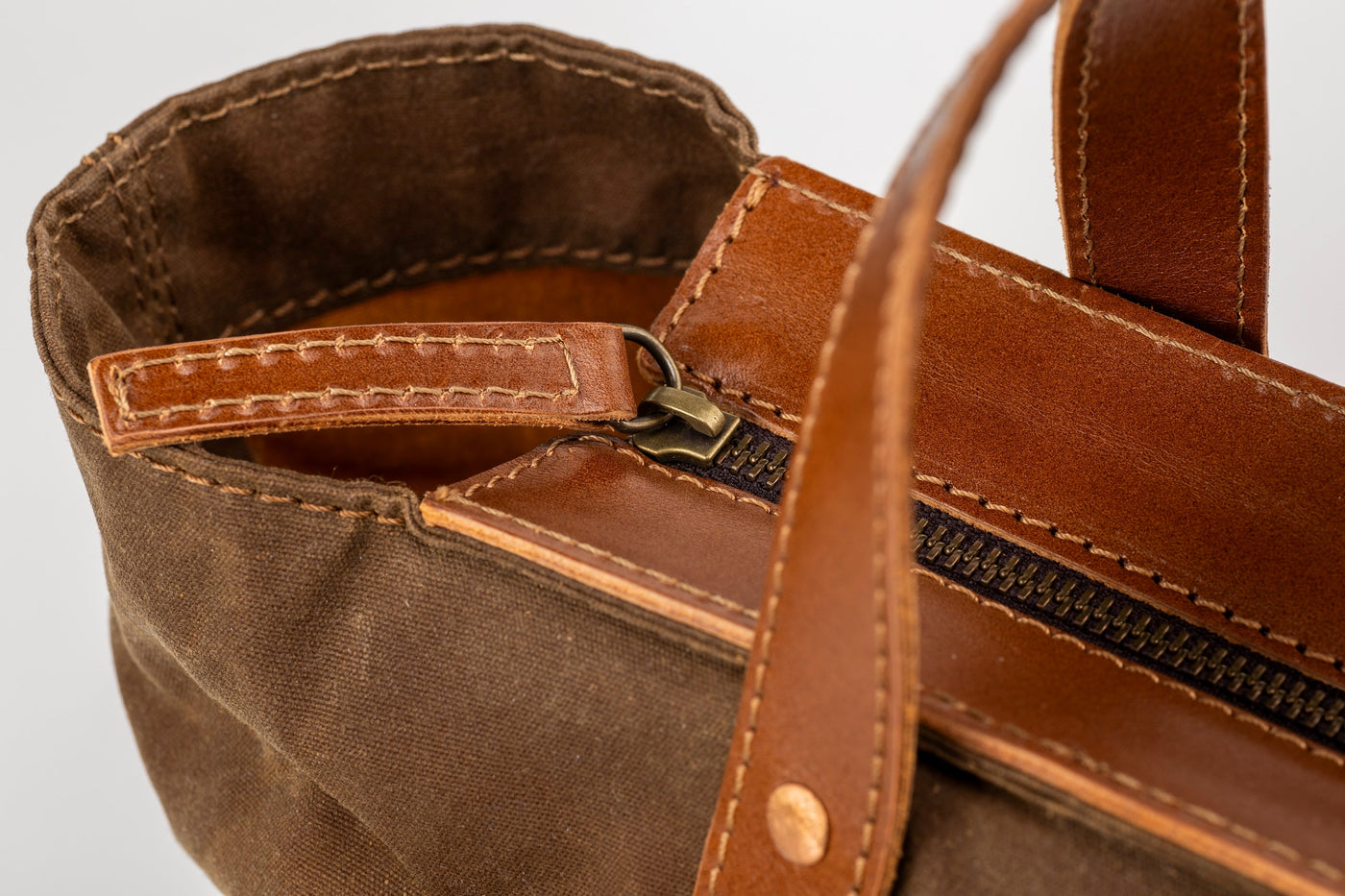 Leather Tote In Waxed Cotton Made in USA Brown