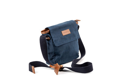 Leather Messenger In Waxed Cotton Made in USA Blue