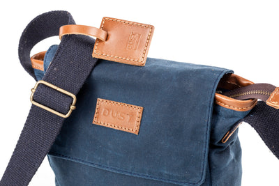 Leather Messenger In Waxed Cotton Made in USA Blue