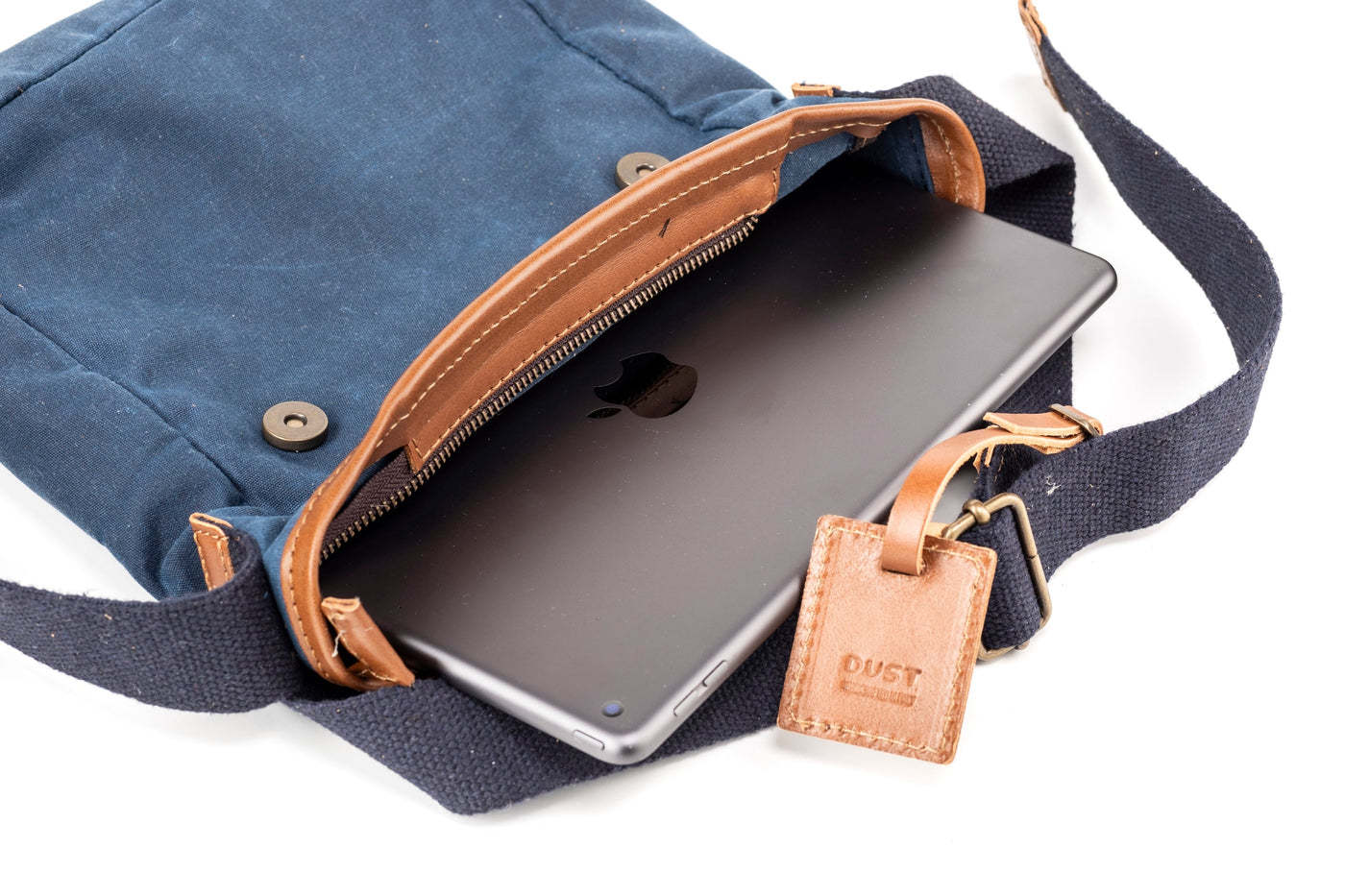 Leather Messenger In Waxed Cotton Made in USA Blue