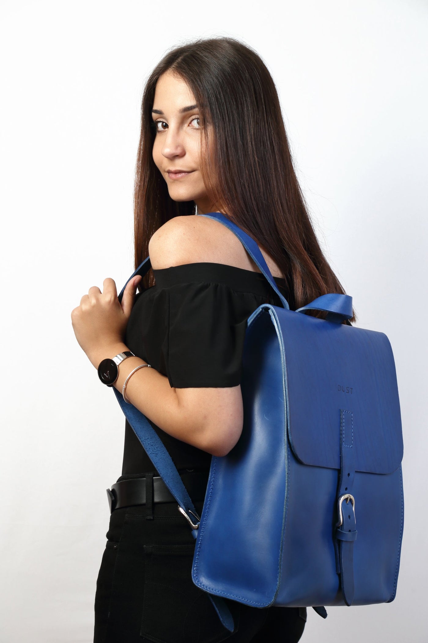 Leather Backpack in Cuoio Blue Mod 120