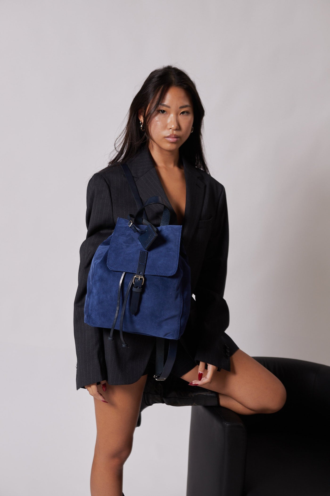 Leather Backpack in Suede Blue Venice Collection